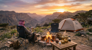 كشتة وجلسة برية وقت الغروب في أحد أجمل أماكن سياحية في السعودية