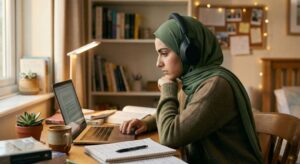 طالب يستخدم سماعات عزل الضوضاء للتركيز أثناء المذاكرة وتقليل التشتت.