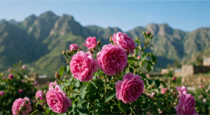 مزارع الورد الطائفي الوردي في جبال الطائف الخضراء خلال فصل الربيع