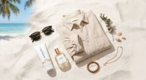 مجموعة من تجهيزات الصيف تشمل ملابس كتان وواقي شمس وعطر منعش.