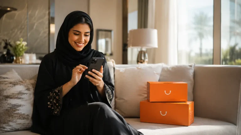 امرأة تتسوق أونلاين عبر تطبيق ترينديول السعودية من جوالها